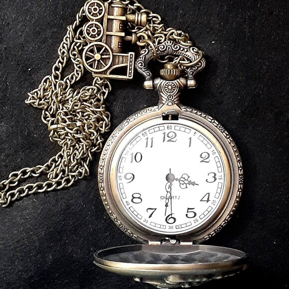 Vintage Style Locomotive Train Quartz Pocket Watch Men Gift Bronze w/Train Charm - Picture 5 of 8